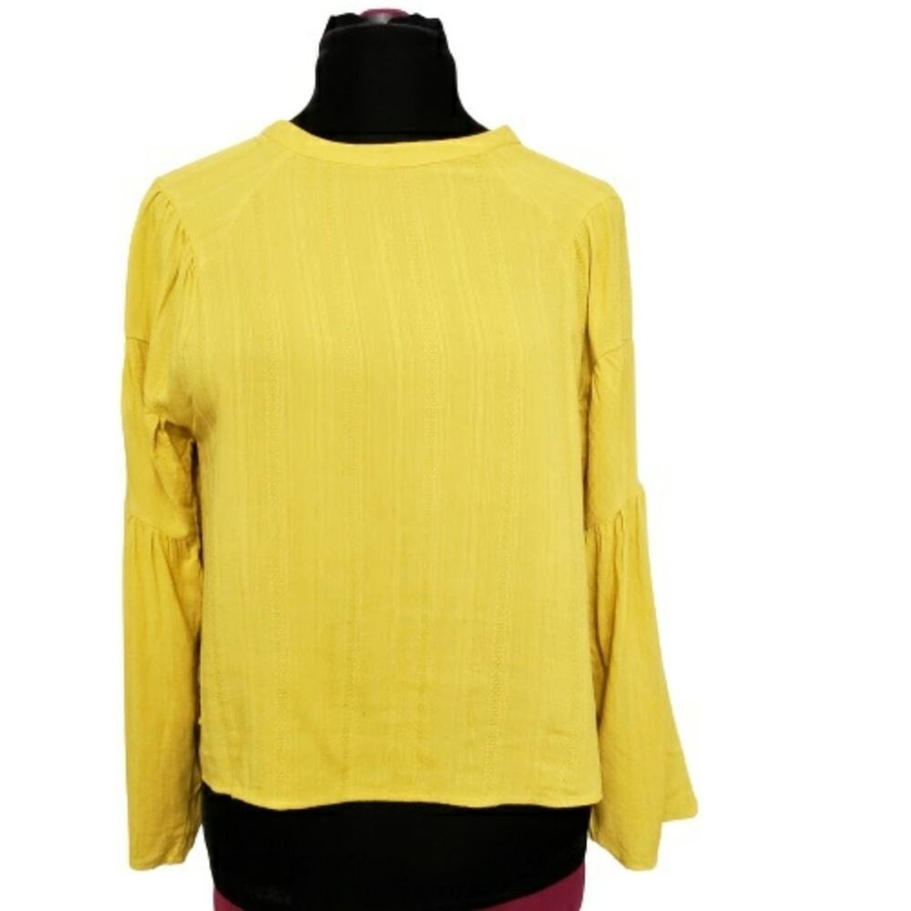 Loveriche Mustard‎ Yellow Dobby Stripe Tiered Peasant Sleeve Blouse S Boho